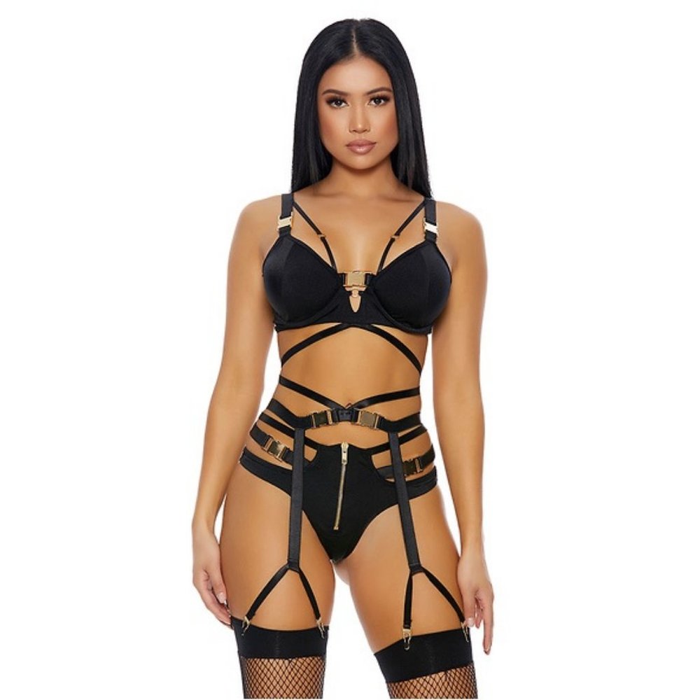 Black 3pc. Lingerie Bra, Panty, Garter Belt Set